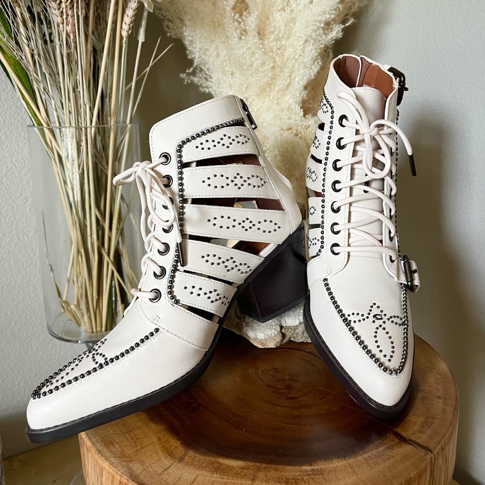 Coach White Leather Studded Paisley Boots Booties